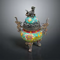 Traditional Chinese Enamel Incense Burner With Lion Shaped Lid And Dragon Handles