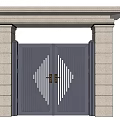 Black Double Door Entrance Gate With White Diamond Line Decoration And Gray Stone Pillars