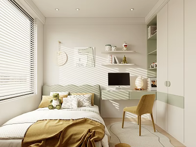 Cozy Kids Room with White and Green Decor Bed Desk Chair Bookshelf and Window Blinds 3d model