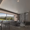 Modern Living And Dining Room Space With Large Windows Mountain Views Sofa And Wooden Shelves