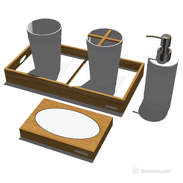 Bathroom Accessories Set With Wooden Tray Cups Pump Bottle And Oval Lid 3d model 