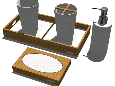 Bathroom Accessories Set With Wooden Tray Cups Pump Bottle And Oval Lid 3d model