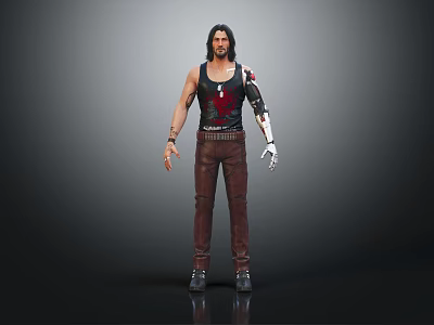 Man With Black Tank Top Red Graphic Brown Pants And Mechanical Arm 3D Character Render 3d model
