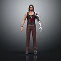 Man With Black Tank Top Red Graphic Brown Pants And Mechanical Arm 3D Character Render