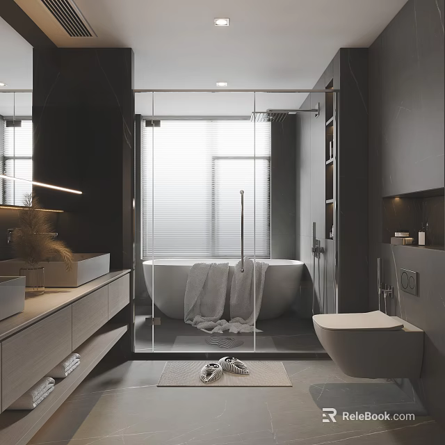 Modern Bathroom Interior Design With Freestanding Bathtub Glass Partition And Vanity 3d model 