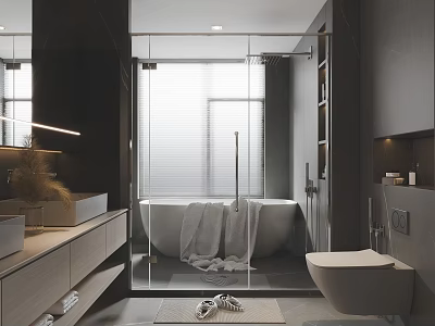 Modern Bathroom Interior Design With Freestanding Bathtub Glass Partition And Vanity 3d model