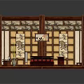 Cartoon Scene of Traditional Chinese Room With Wooden Screens Red Bed and Decorative Elements