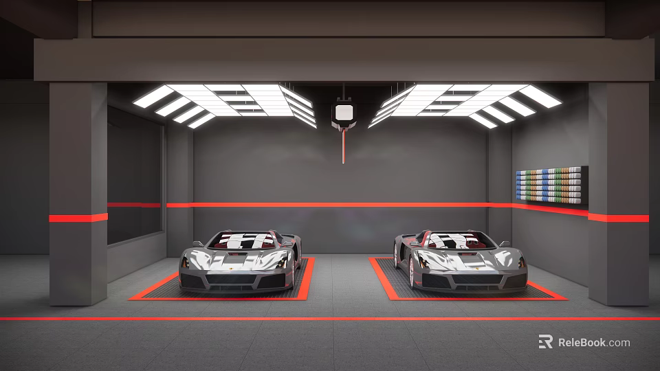 4S Store Garage Displaying Two Luxury Sports Cars With Ceiling Lights And Gray Walls 3d model 