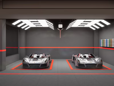 4S Store Garage Displaying Two Luxury Sports Cars With Ceiling Lights And Gray Walls 3d model