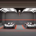 4S Store Garage Displaying Two Luxury Sports Cars With Ceiling Lights And Gray Walls