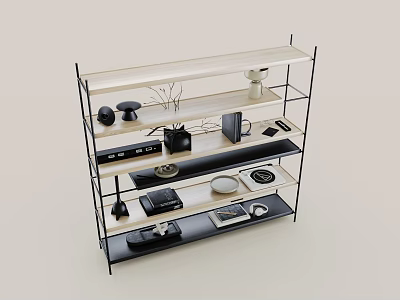 Modern Display Shelf Interior with Metal Frame Multiple Tiers and Decorative Items 3d model