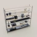 Modern Display Shelf Interior with Metal Frame Multiple Tiers and Decorative Items