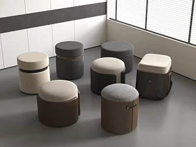 Set of Round Ottoman Stools in Beige Gray Brown Fabric Upholstered Design 3d model