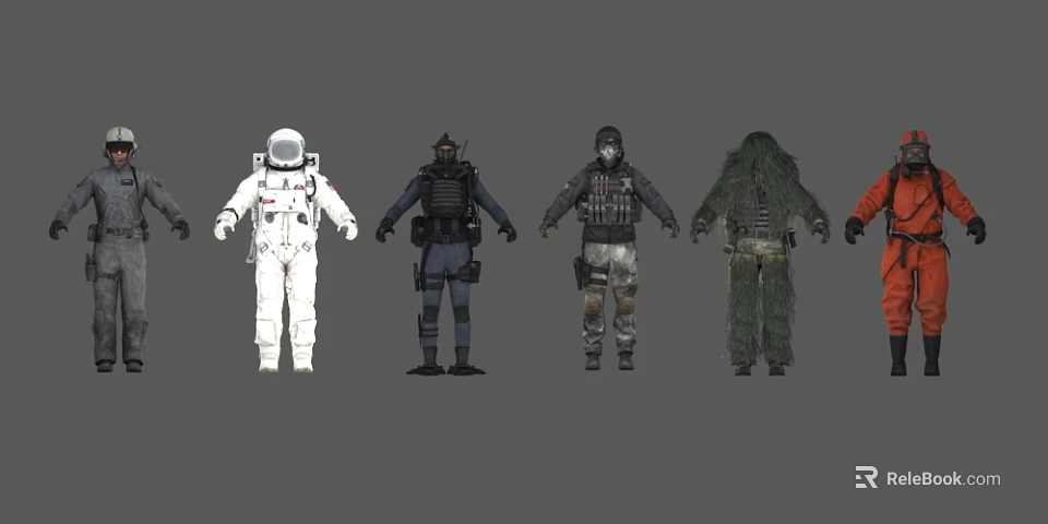 Game and Movie Characters in Diverse Costumes Including Space Suit Tactical Gear and Camouflage 3d model 