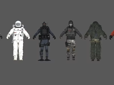 Game and Movie Characters in Diverse Costumes Including Space Suit Tactical Gear and Camouflage 3d model