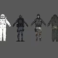Game and Movie Characters in Diverse Costumes Including Space Suit Tactical Gear and Camouflage