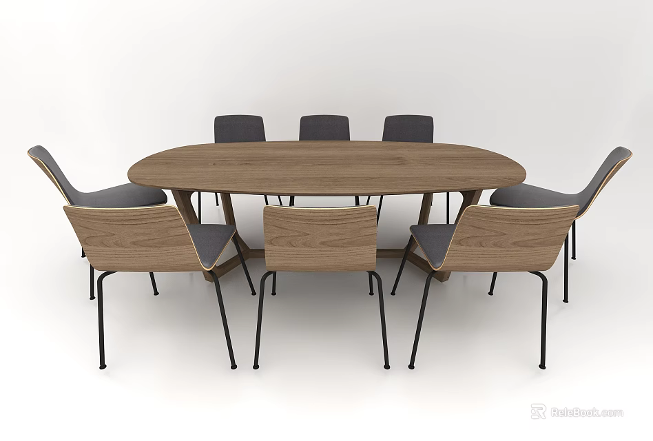 Modern Oval Wooden Dining Table Set With Six Light Wood Chairs And Black Metal Legs 3d model 
