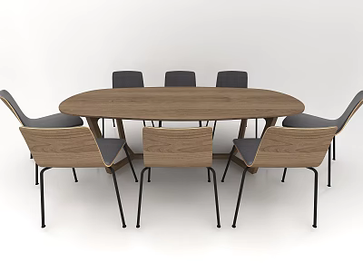 Modern Oval Wooden Dining Table Set With Six Light Wood Chairs And Black Metal Legs 3d model