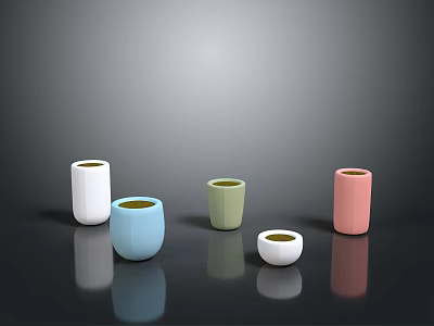 Five Colorful Cylindrical Vases On Black Smooth Surface With Gray Gradient Background 3d model
