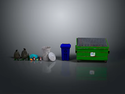 Different Colored Trash Bins With Solar Panel And Waste Items For Recycling 3d model