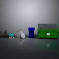 Different Colored Trash Bins With Solar Panel And Waste Items For Recycling