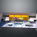 Architectural Exhibition Space Model With Yellow Main Structure And Interior Display Layout