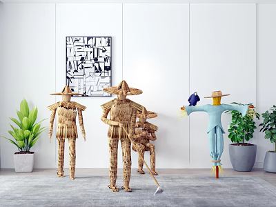 Straw Scarecrow Decorations With Abstract Wall Art And Potted Green Plants In Indoor Setup 3d model