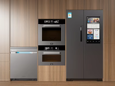 Modern Kitchen With Built In Oven Dishwasher And Smart Refrigerator With Digital 3d model