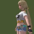 Anime Female Character With Blonde Twin Tails White T Shirt 02 Ripped Blue Denim Shorts