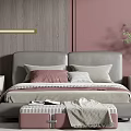 Modern Bedroom Interior Design With Gray Upholstered Bed Pink Wall Wooden Texture And Gold Accents