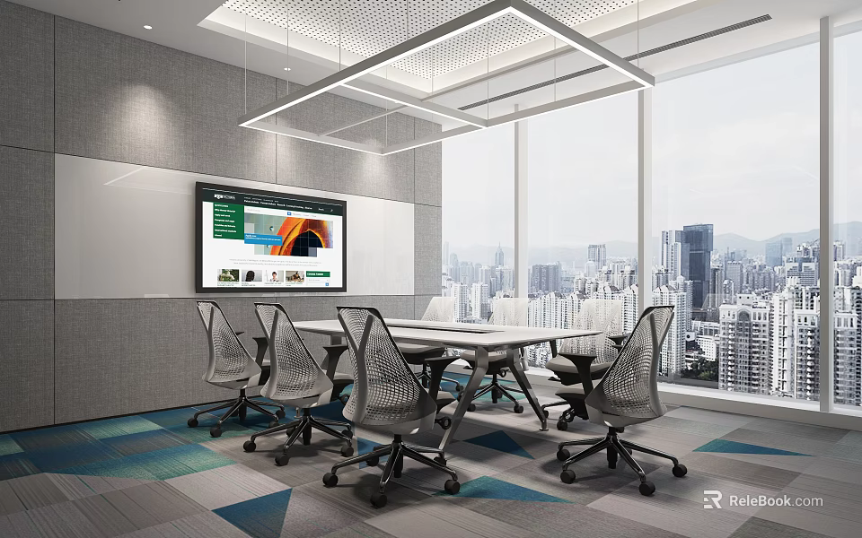 Modern Conference Room Interior With Large Display Screen And City View Windows 3d model 