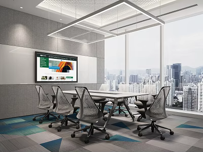 Modern Conference Room Interior With Large Display Screen And City View Windows 3d model
