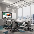 Modern Conference Room Interior With Large Display Screen And City View Windows