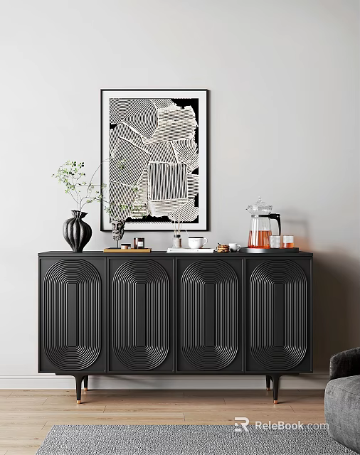 Black Console Sideboard with Ribbed Front Panels Featuring Decorative Painting Vase and Coffee Maker 3d model