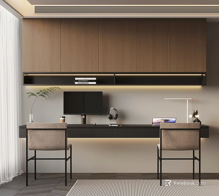 Modern Study Room Interior Design With Wooden Wall Cabinets Desk Computer And Chairs 3d model 