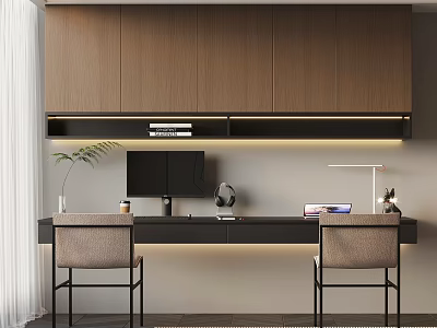 Modern Study Room Interior Design With Wooden Wall Cabinets Desk Computer And Chairs 3d model