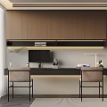 Modern Study Room Interior Design With Wooden Wall Cabinets Desk Computer And Chairs