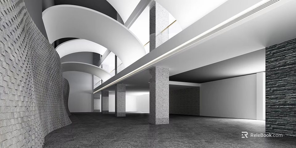 Modern Architectural Interior Featuring Arched Ceilings Concrete Columns Gray Flooring And White Walls 3d model 