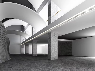 Modern Architectural Interior Featuring Arched Ceilings Concrete Columns Gray Flooring And White Walls 3d model