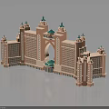 Luxury Hotel Building With Symmetrical Towers Arch Green Spires And Blue Decoration