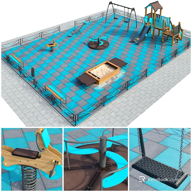 Kids Playground With Blue Checkerboard Tiles Sandpit Slide Swings Spinning Equipment And Benches 3d model 