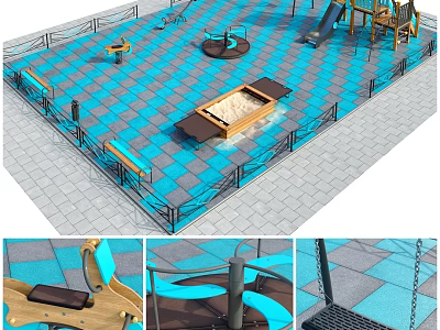 Kids Playground With Blue Checkerboard Tiles Sandpit Slide Swings Spinning Equipment And Benches 3d model