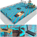 Kids Playground With Blue Checkerboard Tiles Sandpit Slide Swings Spinning Equipment And Benches