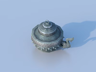 Ancient Bronze Vessel With Intricate Patterns Lid And Bird Shaped Handle 3d model