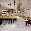 Modern Hotpot Restaurant Interior Design With Wooden Bar Counter Potted Plants And Black Pendant Lights