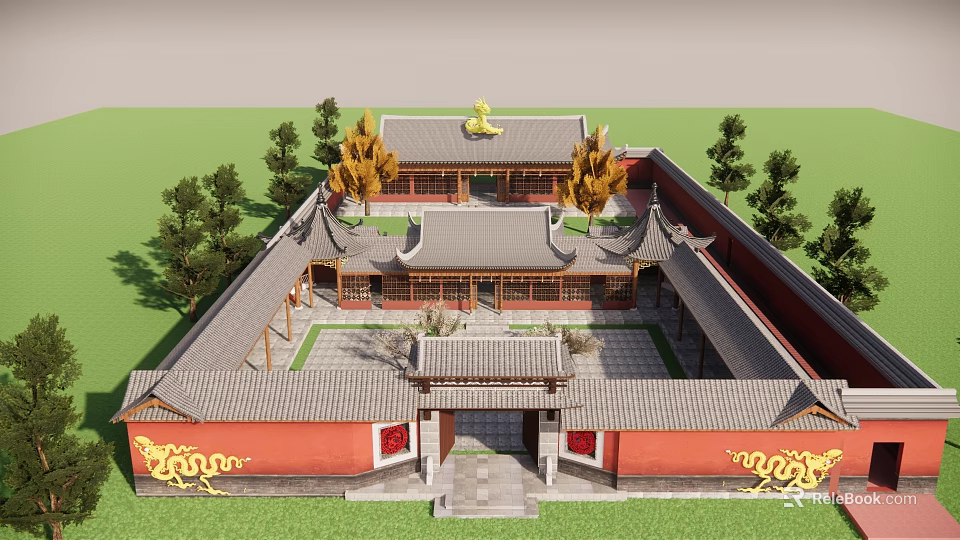 Traditional Chinese Ancient Architecture With Red Walls Gray Tiles And Golden Roof Decorations 3d model 