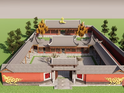 Traditional Chinese Ancient Architecture With Red Walls Gray Tiles And Golden Roof Decorations 3d model