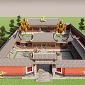 Traditional Chinese Ancient Architecture With Red Walls Gray Tiles And Golden Roof Decorations
