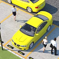Yellow Cars Parked in Outdoor Parking Lot with People Walking Nearby and Marked Lines