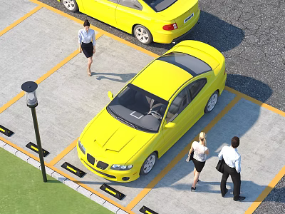 Yellow Cars Parked in Outdoor Parking Lot with People Walking Nearby and Marked Lines 3d model